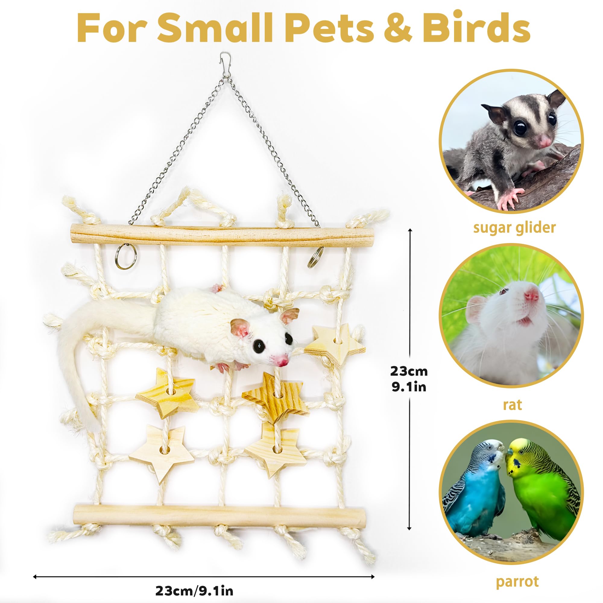 Jevnd Sugar Glider Toys, Natural Wooden & Sisal Sugar Glider Climbing Net, Hanging Toys Rat Cage Accessories, Anti-Snag Chew-Res